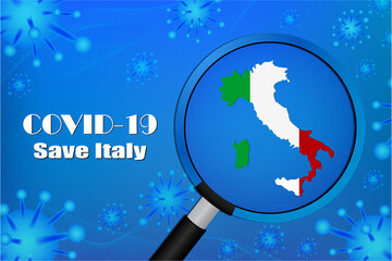 Fototapeta premium Save Italy for stop virus sign. Covid-19 virus cells or corona virus and bacteria close up isolated on blue background,Poster Advertisement Flyers Vector Illustration.