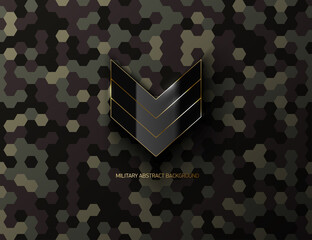 Military black glossy sergeant rank sign on hex pixel camouflage background. Modern army camouflage hexagon pixel texture. Futuristic dark camo background. Black sign with golden frame © iaroslavka