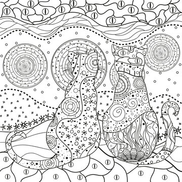 Pattern with cats. Zentangle. Hand drawn cat with abstract patterns on isolation background. Design for spiritual relaxation for adults. Black and white illustration for coloring. Outline for t-shirts