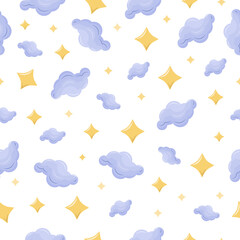 Children s seamless pattern with blue clouds and yellow stars. Children s print in pastel colors . Vector illustration on white background.
