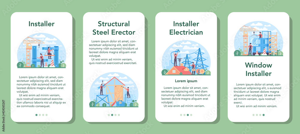 Aufkleber installer mobile application banner set. worker in uniform installing