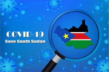 Obraz na płótnie Canvas Save South Sudan for stop virus sign. Covid-19 virus cells or corona virus and bacteria close up isolated on blue background,Poster Advertisement Flyers Vector Illustration.