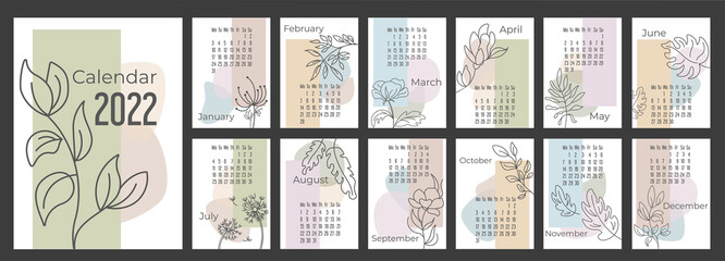 A4 calendar or planner 2022 trendy abstract figures with hand drawn botanic flowers. Cover and 12 monthly pages. Week starts on Monday vector illustration pastel colors A3 A2 A6