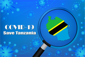 Obraz na płótnie Canvas Save Tanzania for stop virus sign. Covid-19 virus cells or corona virus and bacteria close up isolated on blue background,Poster Advertisement Flyers Vector Illustration.