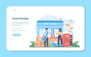 Postman profession web banner or landing page. Post office staff providing
