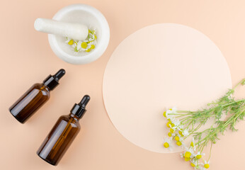 Production of products from natural herbs. A bouquet of daisies, two bottles of oils and a mortar with daisies on a beige background with a place for an advertising display of products.