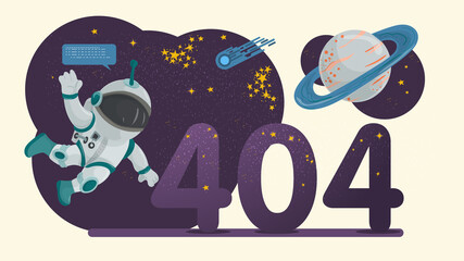 Banner 404 error illustration for flat design design figures in the form of outer space a man in a spacesuit is flying in space