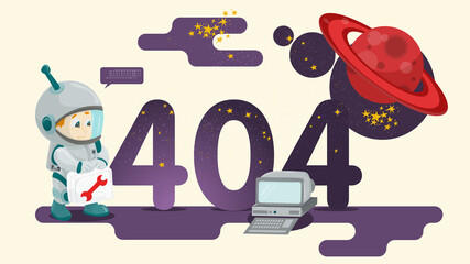 Banner 404 error illustration for flat design design figures in the form of outer space a man in a spacesuit stands with a repair suitcase