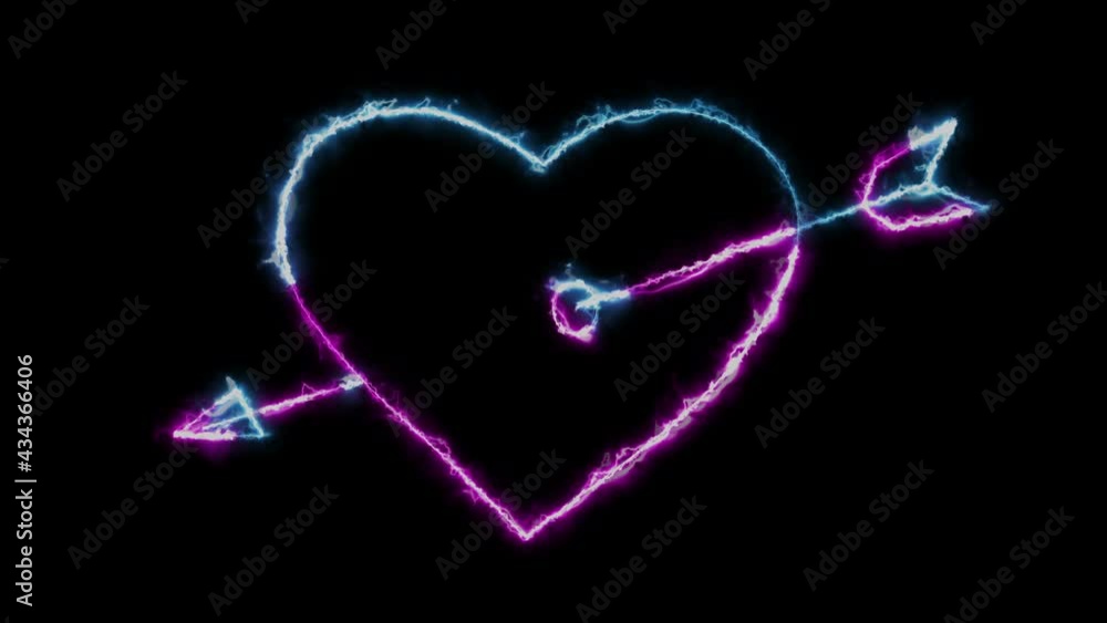 Poster effects of dynamic glow of the contour of a heart pierced by an arrow of cupid on a black background