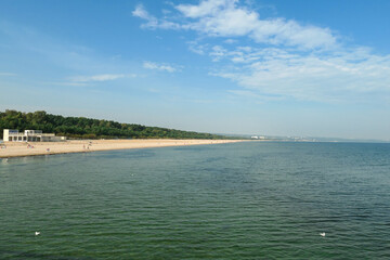 A panoramic view on the coastal line in Gdansk, Poland, from a small pier above the Baltic Sea. The sandy beach has a thick forest behind it. Calm sea. A few birds drifting on the water. Serenity