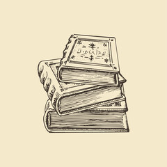 Stack of books, drawn illustration. Vector sketch.