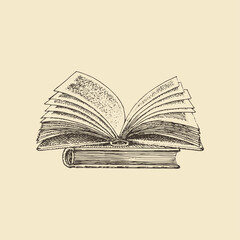 Open book, hand drawn illustration. Vector sketch.