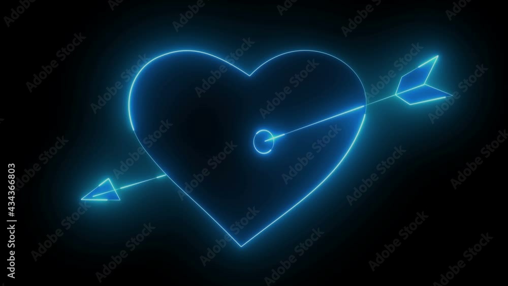 Poster effects of dynamic glow of the contour of a heart pierced by an arrow of cupid on a black background
