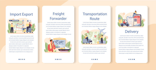 Freight forwarder mobile application banner sett. Loader in uniform delivering