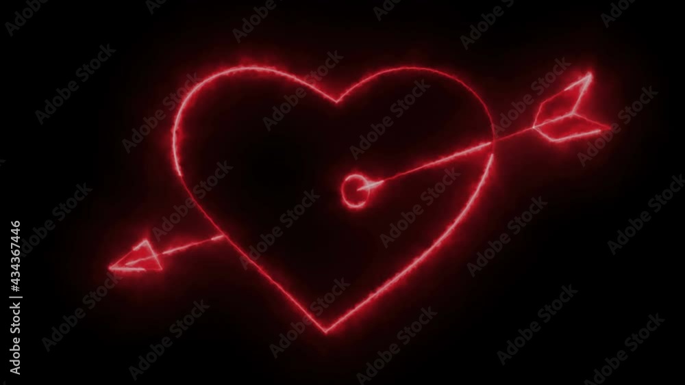 Poster effects of dynamic glow of the contour of a heart pierced by an arrow of cupid on a black background