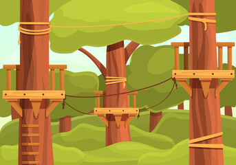 cartoon forest with outstretched ropes and platforms, vector illustration