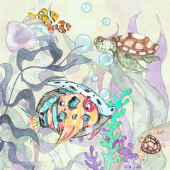 Fototapeta premium Watercolor underwater sea life whimsical children illustration 