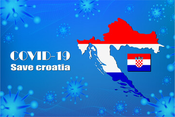 Obraz na płótnie Canvas Save croatia for stop virus sign. Covid-19 virus cells or corona virus and bacteria close up isolated on blue background,Poster Advertisement Flyers Vector Illustration.