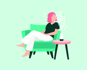 Young women relaxing on the couch while enjoying the aromatherapy by an essential oil fragrance diffuser flat vector 