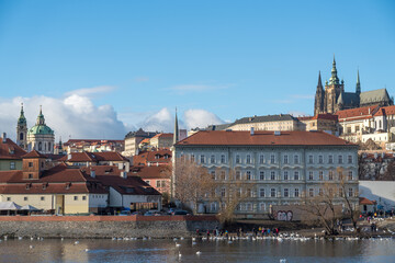 Fototapeta na wymiar View of Prague Castle and Nicholas Church in clear weather