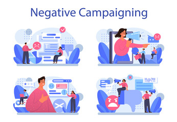 Negative campaigning set. Brand negative reputation. Bad customer