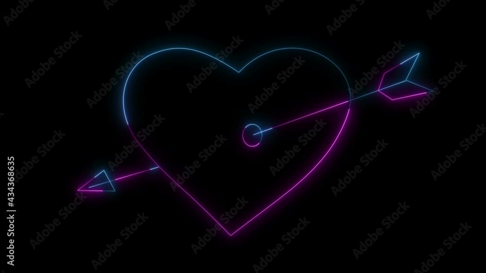 Poster effects of dynamic glow of the contour of a heart pierced by an arrow of cupid on a black background