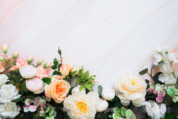  Flowers background. Summer blooming delicate peonies and roses, festive background, pastel and soft bouquet floral card. Copy space.