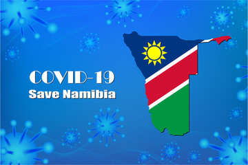 Save Namibia for stop virus sign. Covid-19 virus cells or corona virus and bacteria close up isolated on blue background,Poster Advertisement Flyers Vector Illustration.