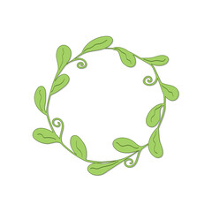 drawn round frame with oval leaves and curls in light green color with shadow on white background