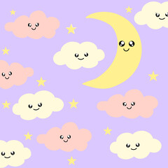Cartoon Cute Cloud, Star and Moon. Perfect for fabric print logo sign cards banners Kids wall art design Vector illustration.