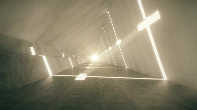  Relaxing 3d animation of abstract architectural tunnel background. Serene minimalist concrete interior.  Yellow color grade