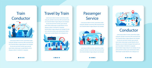 Train conductor mobile application banner set. Railway worker in uniform - obrazy, fototapety, plakaty
