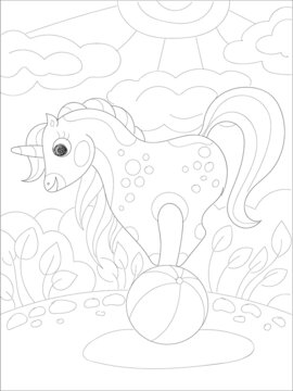 Beautiful unicorn Coloring page. Black and white vector illustration for coloring book