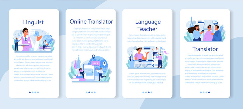Translator mobile application banner set. Linguist translating document