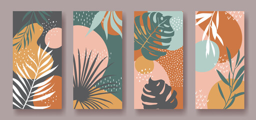 Set of vector vertical banners with abstract ornament and leaves