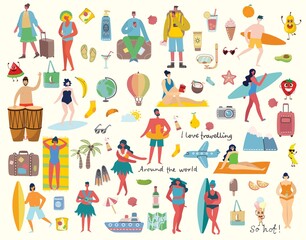 Set of different vector summer people and icons