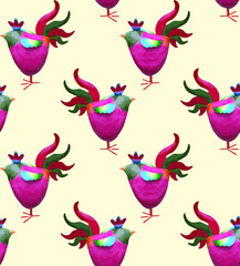 Cute, colorful, rooster. Birds. Cartoon style. Seamless pattern.
