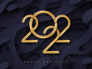 Golden metallic numbers 2022 on black paper cut background. Vector illustration. Happy New Year and Merry Christmas poster with 3d metallic decoration, greeting card or banner template