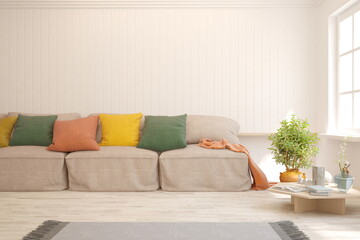 White living room with sofa. Scandinavian interior design. 3D illustration