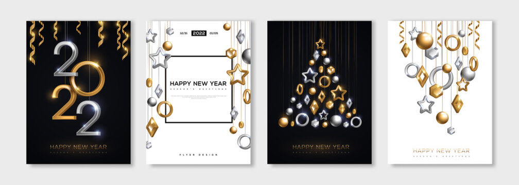 Christmas and New Year posters set with hanging gold and silver 3d baubles and 2022 numbers. Vector illustration. Winter holiday invitations with geometric decorations