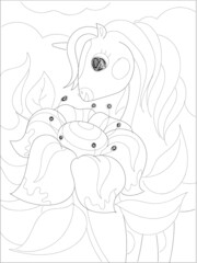 Beautiful unicorn Coloring page. Black and white vector illustration for coloring book