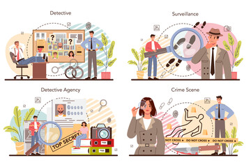 Obraz premium Professional detective concept set. Agency investigating a crime place