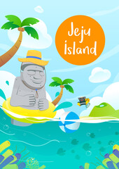 Obraz na płótnie Canvas Summer in Jeju Island poster vector illustration. Grandfather statues (Dol hareubang) with black pig diver on the beach sea