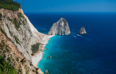 Seascape with beautiful turquoise sea and Mizithres rocks in West side of Zakynthos island, Ionian islands, Greece 