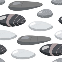 Beach pebbles seamless pattern. Various shapes grey color. Modern illustration in vector. Different shapes and textures beach stones for spa and massage salon. Sea rocks Isolated on white background