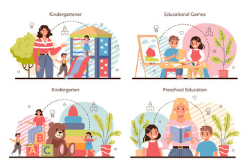 Obraz na płótnie Canvas Kindergartener set. Professional nany and children doing different activities.