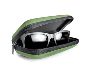 Stylish sunglasses in case close-up, isolated on a white background