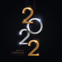 2022 silver and gold numbers hanging on black background. Vector illustration. Minimal invitation design for Merry Christmas and Happy New Year. Place for text. Poster greeting card template