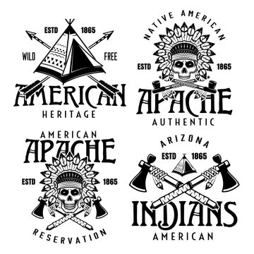 Native american indians set of four vector vintage emblems, labels, badges or logos in monochrome style isolated on white background
