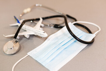 Topview of treatment, protection, mask, prevention of epidemics with new vaccine invention concept,...